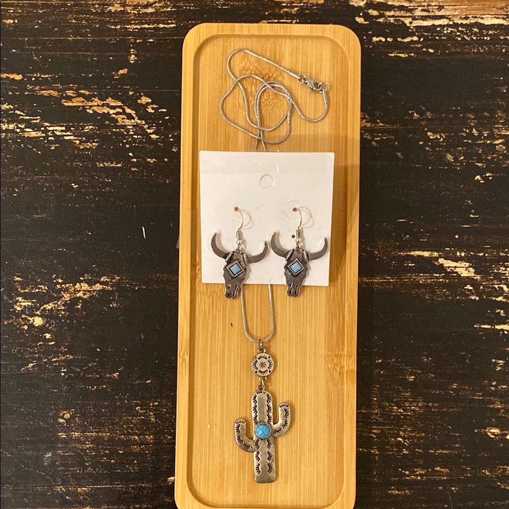 Silver and Turquoise Cactus Necklace and Bull Earrings Set